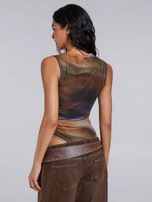 TypaGal 秋冬季现代狂野时尚新年派对复古优雅性感街头极简棕色网眼印花扎染修身连体衣 - 棕色 - 查看 3