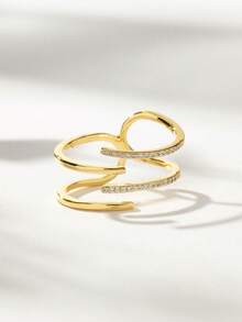 Anillos de apertura elegantes de plata de ley 925 con arreglo escalonado de doble capa y circonita incrustada para mujeres - Anillos de apertura escalonados - Ver 9