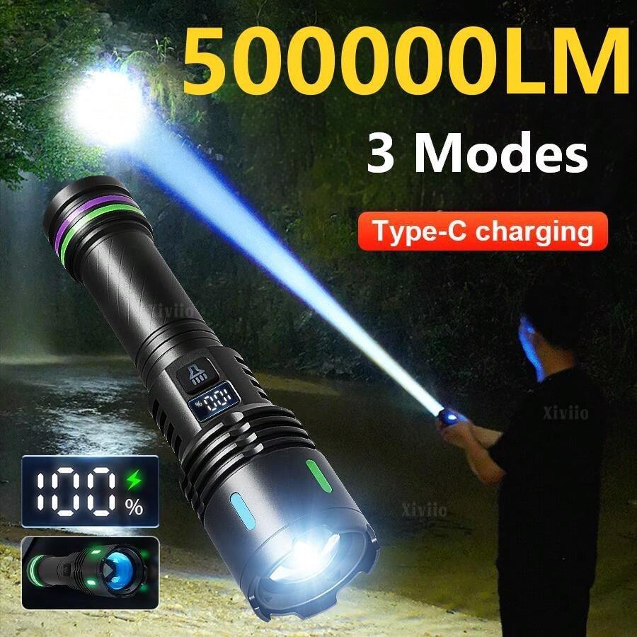 防水户外LED手电筒，三模式远射聚光灯，便携耐用，铝合金材质，可充电，适用于野外探险、登山、夜钓和应急备用。