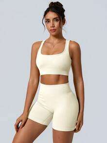 NcmRyu Two Piece Back Tank Top Sports Bra Stretchy Gym ShortsSleeveless Tummy Control Workout Gym High WaistedFitness Running Sportswear Butt Lifting - 白色 - 查看 5