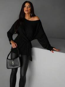 Women's Fashion Black Knit Long Sleeve Top, Asymmetric Hem, Tie-Front Design - Black - View 2