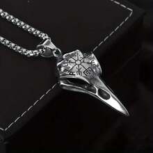 Plated 925 Silver Chain Pendant, Odin's Rune Amulet, Men's Punk Style Crow Skull Pendant Necklace, Viking Jewelry - 白色 - 查看 3
