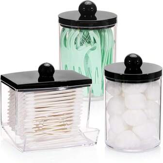 3 Packs Qtips Holder Dispenser - Bathroom Organizers And Storage Containers, Plastic Apothecary Jars With Black Lids For Cleaning Swab, Round Pads, Floss