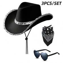 Juego de 3 sombreros de vaquero estilo occidental, sombrero de vaquero con borde plateado brillante, sombrero de vaquero brillante de poliéster, accesorios de decoración para fiestas de disfraces, adecuado para eventos, fiestas, bailes de disfraces, bodas, eventos navideños y suministros para fiestas - Multicolor - Ver 10