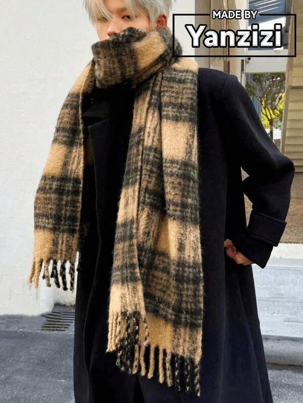 1pc Men's Autumn And Winter Vintage Maillard Scarf, Outdoor Windproof And Warm Thick Scarf Shawl, Couple Plaid Tassel Scarf, Suitable For Both Men And Women