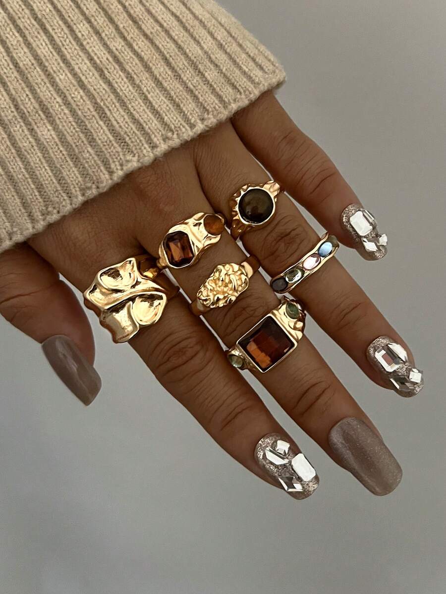 6pcs/Set Vintage Geometric Floral Gemstone Bling Asymmetrical Textured Faux Tiger Eye Exaggerated Wide Band Rings Set, Suitable For Holiday, Party, Date, Gift, Daily Wear