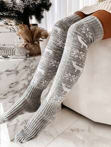 1双欧美圣诞雪花驯鹿针织过膝长袜，女士款，秋冬款 - 彩色 - 查看 4