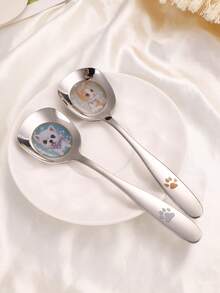 1pc Stainless Steel Flat Head Large Soup Spoon With Cute Cat & Dog Pattern, Household Dining Spoon