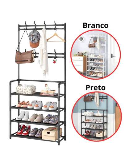 Arara Sapateira Cabideiro Multiuso 4 Andares com Ganchos e Suportes Preto ou Branco 20 Pares Sapato