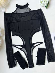 性感内衣连体衣，侧边镂空露肩上衣，无裆连体衣，少女服装，长筒袜 - 黑色 - 查看 3