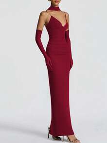 Vestido largo ajustado de mujer con tirantes finos y escote en V, color liso, elegante y sexy, para fiesta, noche y boda - Burdeos - Ver 7