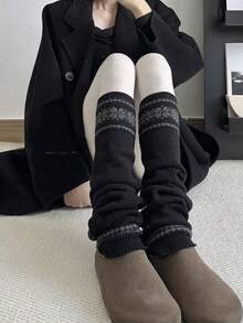 1双秋冬季白色/黑色/咖啡色/灰色/燕麦色韩式费尔岛雪花针织加厚保暖腿套，舒适 - 彩色 - 查看 1