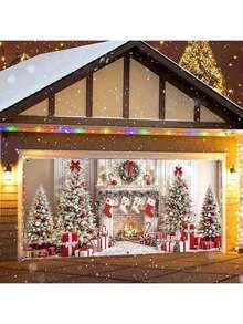 1pc Christmas Garage Door Banner, 71" X 157", Featuring Fireplace And Tree Patterns, Multi-Purpose Polyester Holiday Decor, No Power Or Battery Required - Multicolor - View 4