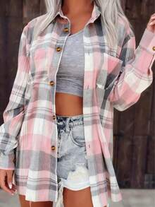 粉色格子纽扣长袖休闲衬衫，格子格子纽扣前口袋长袖上衣，日常穿着