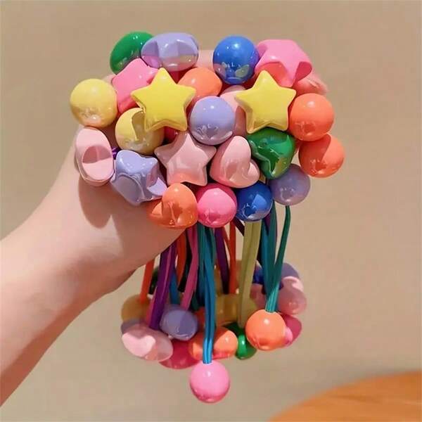 12 Stücke bunte Herz- und Stern-Dekor Haargummis, elastische Haarbänder, Weihnachts-/Halloween-/Erntedank-Feiertags-Haarband, Bonbonfarben Haargummis