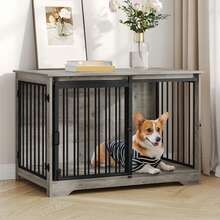 HaluPeit 39.4" Heavy Duty Dog Crate Furniture With Barn Door, Wood Indoor Dog Crate Kennel For Small/Medium/Large Dogs, End Side Table, TV Stand, Rustic Brown,Black,Greige - 淺象牙色 - 查看 2