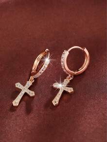 Cubic Zirconia Cross Drop Earrings - Yellow Gold - View 9
