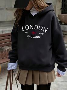 一件少女伦敦印花保暖内衬卫衣，温暖舒适，适合年轻学生秋冬穿着的长袖上衣 - 深灰色 - 查看 6