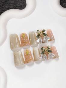 10 Stücke hochwertige Champagner-farbene Poly-Gel Nagel-Set, Acryl-Aufklebe-Nägel, französische Nagel-Aufkleber, handbemalte Weihnachtsbaum Fake-Nägel, 3D Weihnachtsglocken Nagel Dekoration, Gold Nagel Öl, braune Gel-Nägel, inklusive Nagel-Werkzeuge, 3 Größen verfügbar, Mandel-Nägel, Enten-Nägel, Sarg-Nägel, geeignet für Hochzeit, Weihnachten, täglichen Gebrauch, Party, Winternägel, tolles Geschenk für Frauen und Mädchen