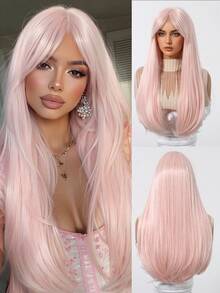 60 cm lång, rak, rosa, syntetisk peruk med lugg, lämplig för kvinnor, för fest, cosplay, värmebeständig