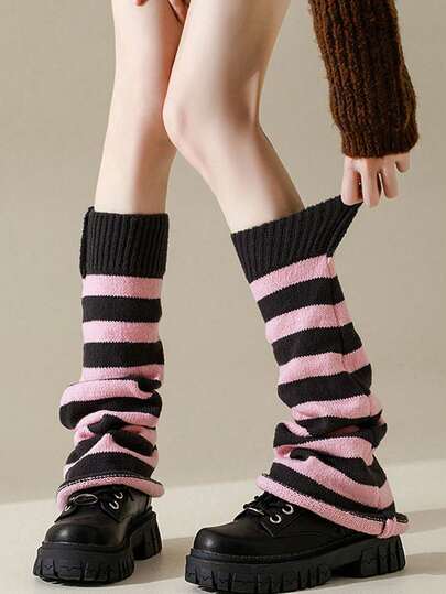 1 paire de jambières tricotées rayées Y2K pour femmes, jambières longues à l'esthétique Rockcore, jambières confortables pour bottes, accessoire de mode casual