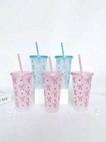 1个/5个/10个装 24盎司粉色和蓝色蝴蝶结塑料杯，带盖和吸管，可重复使用，可爱透明塑料杯，适合生日、婚礼和派对用品，带粉色丝带的可重复使用塑料杯，夏季饮料杯，适合生日、婚礼和派对用品，非常适合派对、饮用、咖啡，也适合母亲节、婚礼、生日、单身派对或作为礼物。 - 彩色 - 查看 7