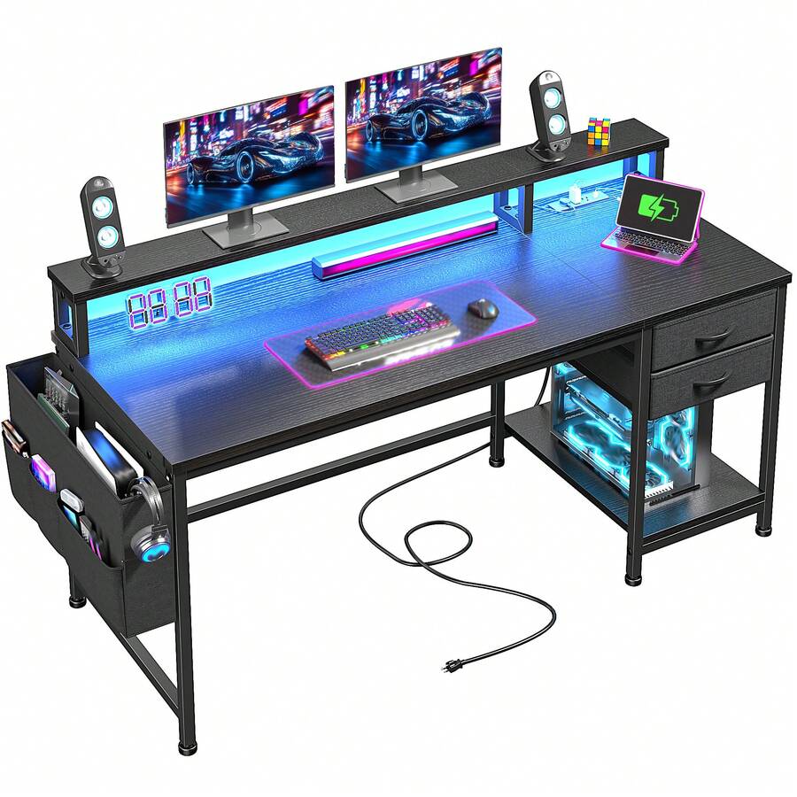 48" Computer Desk With LED Strip & 2 Drawers & Storage Bag Corner Desk With Power Outlets & Monitor Stand For Bedroom, Gaming Room - Xem 1