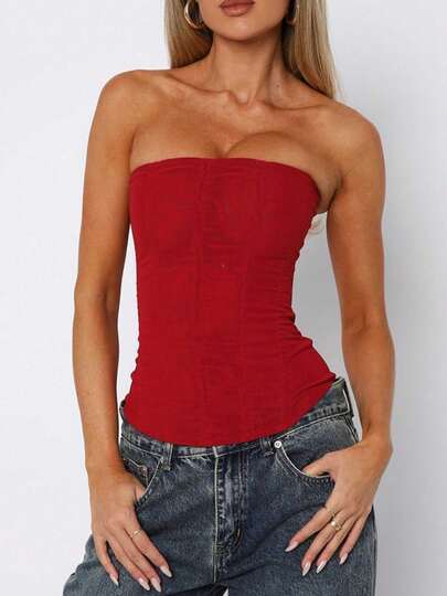 .Women's Vintage Strapless Corset Tops Zip Back Boned Mesh Bustier Bodyshaper Tube Top Streetwear Party Wear