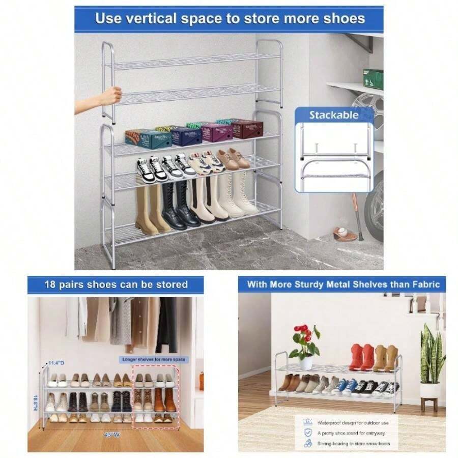 3 - Tier Long Shoe Rack Closet Metal Shoe Organizer Entryway, Wide Stackable Shoe Storage Shelf With Sturdy Wire Grid Closet Floor, Bedroom, Black - Grey + 11.4x43x18.8 - View 1