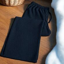 Women's Wide Leg Pants, Textured Fabric, High Waist, Simple With Pocket And Drawstring For Home And Daily Life - 黑色 - 查看 4