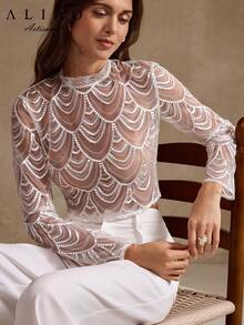 A&A 奢华刺绣亮片网纱拼接透视白色长袖上衣，优雅日常穿搭，复古风格，端庄得体，适合婚礼季、情人节、秋冬季、白色主题派对、老钱风格、宫廷风格、新年装扮，拉链上衣 - 白色 - 查看 1