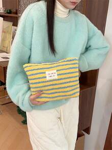 1个装毛绒保暖羊羔绒化妆包，横条纹防水，波浪点图案，女士化妆包，小巧收纳化妆盒，女士旅行包，铅笔盒，日常大容量化妆刷旅行洗漱包，化妆包，旅行必备，情人节礼物，房间装饰，钱包必备，女士化妆包，钱包必备物品，邮轮必备，设计师手提包，基础款，梳妆台必备，房间，可爱化妆包 - 黃色 - 查看 6