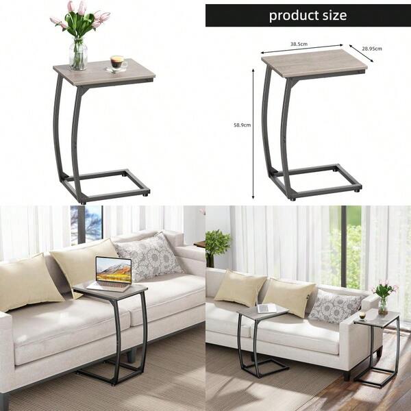 C Shaped End Table Side Table For Couch Sofa Table With Metal Frame TV Tray Table For Living Room Bedroom Grey
