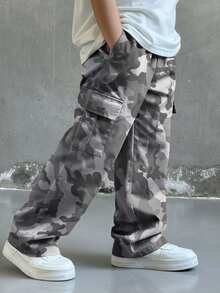 1pc Boys Teen Camouflage Multi-Pocket Wide Leg Cargo Pants, Loose Straight Leg Casual Sports Long Pants, Versatile For School, Outdoor, Party And Daily Wear - Grey - View 1