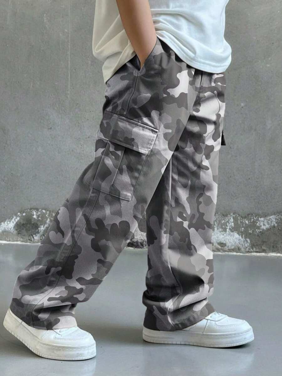 1pc Boys Teen Camouflage Multi-Pocket Wide Leg Cargo Pants, Loose Straight Leg Casual Sports Long Pants, Versatile For School, Outdoor, Party And Daily Wear - Grey - View 1