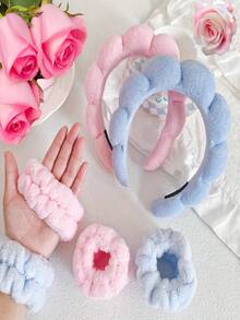 [1+2] Bộ băng đô đầu cao hình đầu lâu, bông xốp chiên xoắn, băng đô đầu mây, khăn lau mặt bằng vải nỉ, khăn tẩy trang mặt, bộ phụ kiện tóc bằng vải đơn giản và thanh lịch dùng hàng ngày, băng đô rửa mặt cho nữ và băng đô tóc xoắn, kèm dây buộc tóc phù hợp, băng đô đầu bằng xốp nhồi bông hình đám mây - Nhiều màu - Xem 3