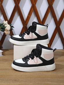 BAOLIANGXIONG Color Block Casual Student Sneakers, Sport Shoes Women's Casual Sports Shoes, Fashionable Sneakers With Thick Soles, Low-Cut Lace-Up White Black Pink Shoes, Outdoor Shoes - 白黑粉紅色高幫 - 查看 5