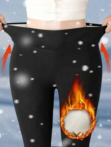 Damen Thermohosen in Unifarbe, Woll Futter Lässig Leggings, Thermisch gefütterte warme Skinny Hosen, geeignet für kaltes Wetter, können als Außenhose getragen werden, Herbst/Winter - Schwarz - Übersicht 3