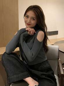 女款純色圓領修身針織露肩長袖修身套頭毛衣 百搭款 - 深灰色 - 查看 8