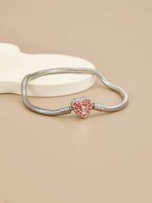 1pc Fashionable Charm Cubic Zirconia Snake Chain Stainless Steel Bracelet For Men & Women, Red Heart, Heart Lock, Suitable For Party, Daily Wear, European & American Style, Personalized, Generosity, Cubic Zirconia, Wedding Jewelry, Gift For Girl, Relative, Friend, Birthday, Valentine's Day, Gift For Lover - Silver - View 25