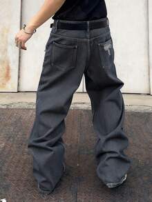 1 chiếc quần jeans ống rộng rách rưới dành cho nam, kiểu dáng vintage Mỹ, phong cách đường phố, dáng rộng thoải mái (Sản phẩm không bao gồm thắt lưng và phụ kiện) - Màu xanh bụi bặm - Xem 7