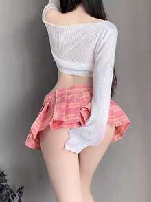 一套可爱俏皮的JK格子迷你裙，低领毛衣套装，百褶裙，角色扮演学生制服套装，校园风服装，卡哇伊学校JK制服，适合情人节、化装舞会、酒吧、俱乐部派对服装 - 粉紅白色 - 查看 2