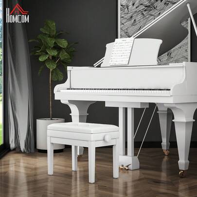 HOMCOM Adjustable Height Piano Bench With Thick And Soft PU Leather Padded, Keyboard Bench With Enough Music Storage Design, Solid Wood Legs, White