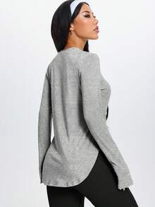 1pc Women's Minimalist Style Soft & Comfortable Versatile Sports Long Sleeve Top, Suitable For Yoga, Outdoor Training, Running - Light Grey - View 3