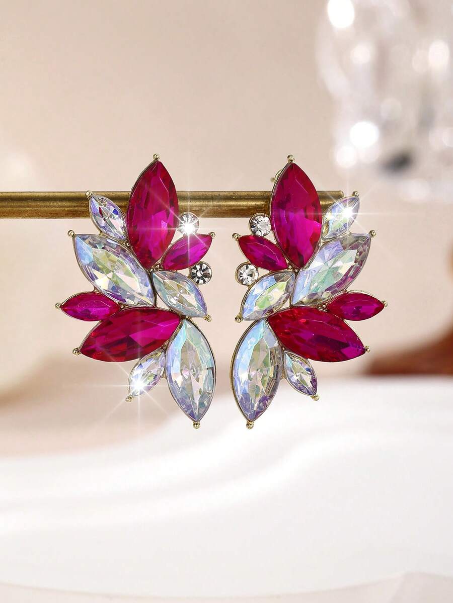 1 Pair Bohemian Alloy Rhinestone Inlaid Fashion Versatile High-End Luxury Exaggerated Earrings For Women - Rose Red and White - View 1