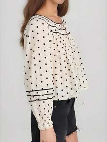 Tie-Up Front Crew Neck Blouse For Women Polka Dot Loose Fit Long Sleeve Shirt Relaxed Boho Tops Pleated Shirts Daily Work Vacation - White - View 2