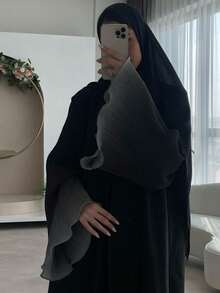 时尚简约撞色荷叶袖中长裙，女士纯色中东风情长裙，优雅开衫长袍，适合日常和假日穿着