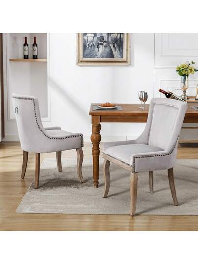 Luxurious Dining Stoel (Kitchen Chair, Living Room Pieces), Upholstered Nailhead Solid Wood Legs, Fluwelen Upholstery, Grijs
