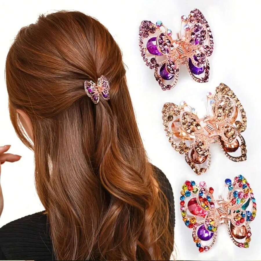 1 Piece Elegant Butterfly Rhinestone Hair Clip - Shiny Colorful Crystal, Rectangular Design With Firm Clip, Suitable For Women's Updos, Parties, Weddings, Proms, Bridal Hair Accessories, Vibrant Hair Ornaments - 香檳色 - 查看 1