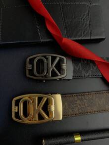 1 pieza Cinturón de hombre de negocios con hebilla automática, 3.5" de ancho con diseño en forma de M, versátil y casual, para hombres de mediana edad y jóvenes, cinturón de piel de PU con estampado de letras, apto para todas las estaciones, estilo vintage de dinero antiguo, atuendo urbano de otoño/invierno, moda clásica, regalo diario para novio